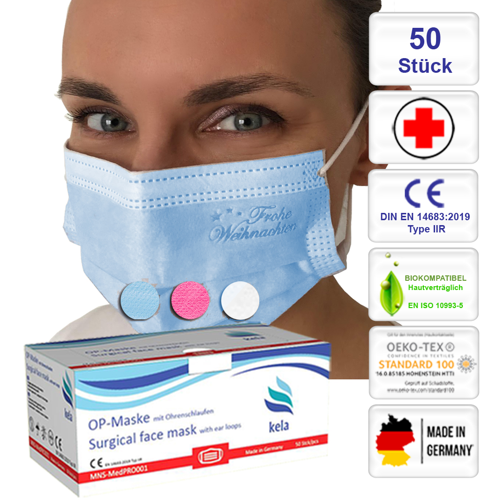 50 Stck. Medizinische MNS Mund-und Nasenschutzmaske, OP-Maske Typ IIR, blau, weiß oder pink, geprägt “Frohe Weihnachten”