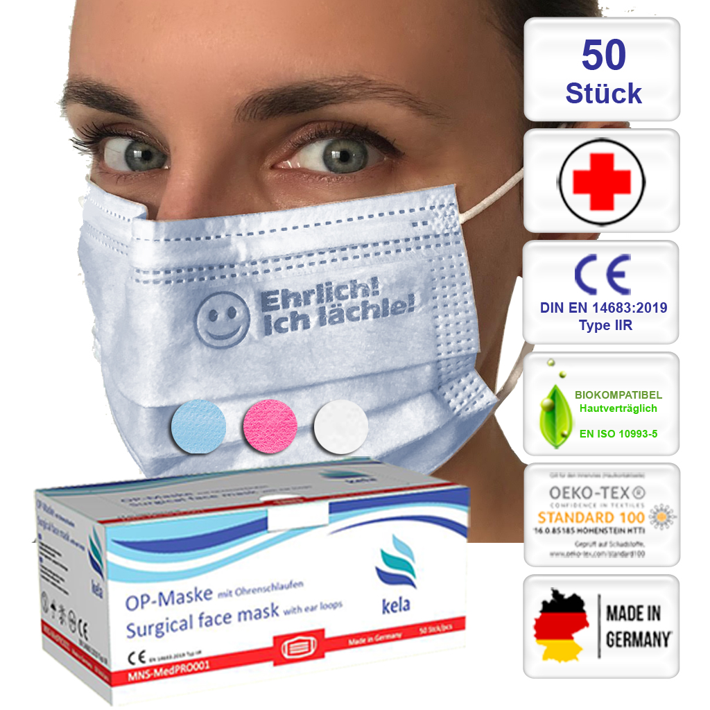 50 Stck. Medizinische MNS Mund-und Nasenschutzmaske, OP-Maske, blau, weiß oder pink, geprägt “Ehrlich, ich lächle”
